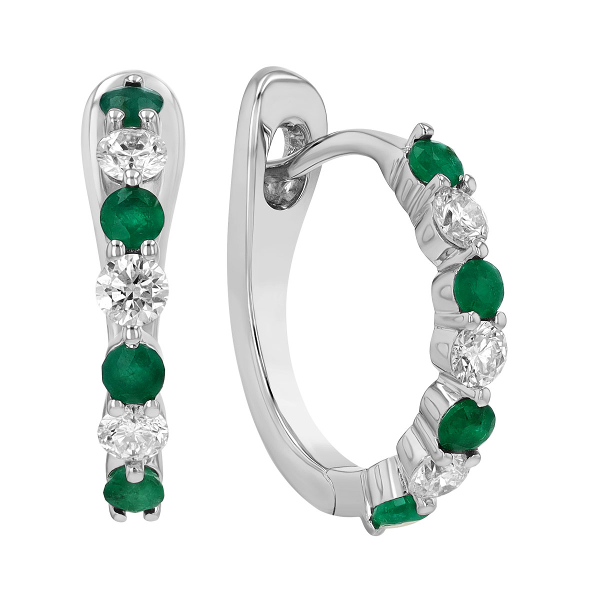 Emerald & Diamond Alternating Leverback Hoop Earrings in White Gold