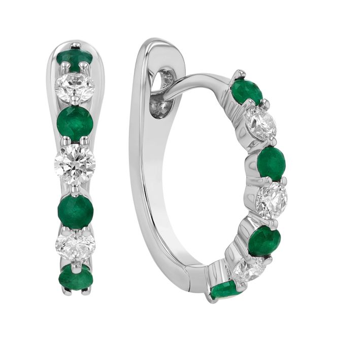 Emerald & Diamond Alternating Leverback Hoop Earrings in White Gold