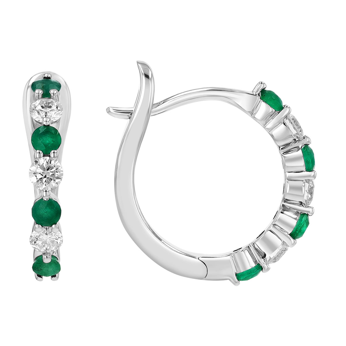 Emerald & Diamond Alternating Leverback Hoop Earrings in White Gold