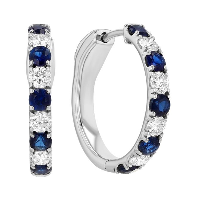 Sapphire & Diamond Alternating Small Hoop Earrings in White Gold