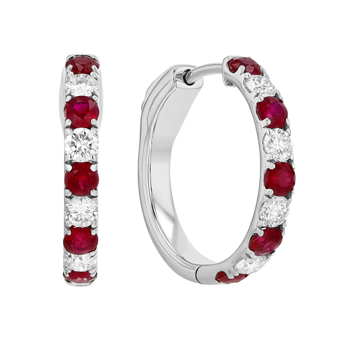 Ruby & Diamond Alternating Small Hoop Earrings in White Gold