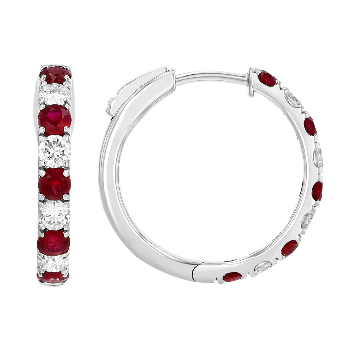 Ruby & Diamond Alternating Small Hoop Earrings in White Gold