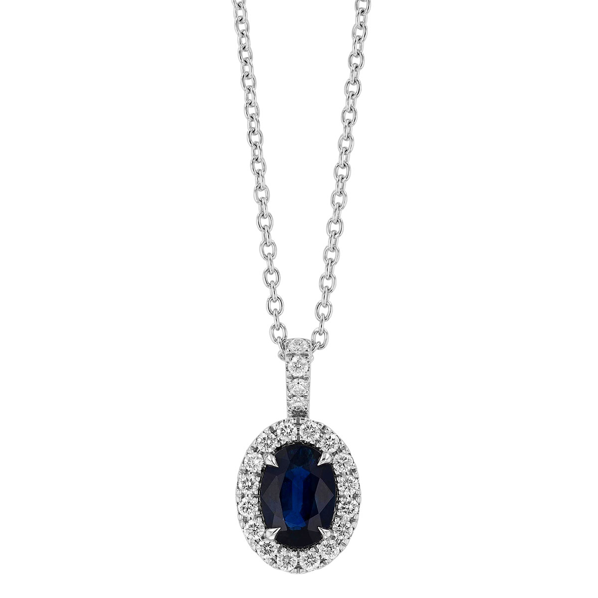 Oval Sapphire & Diamond Halo Pendant in White Gold, 17