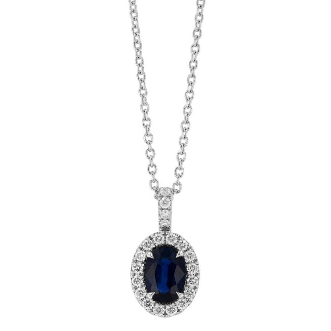 Oval Sapphire & Diamond Halo Pendant in White Gold, 17"