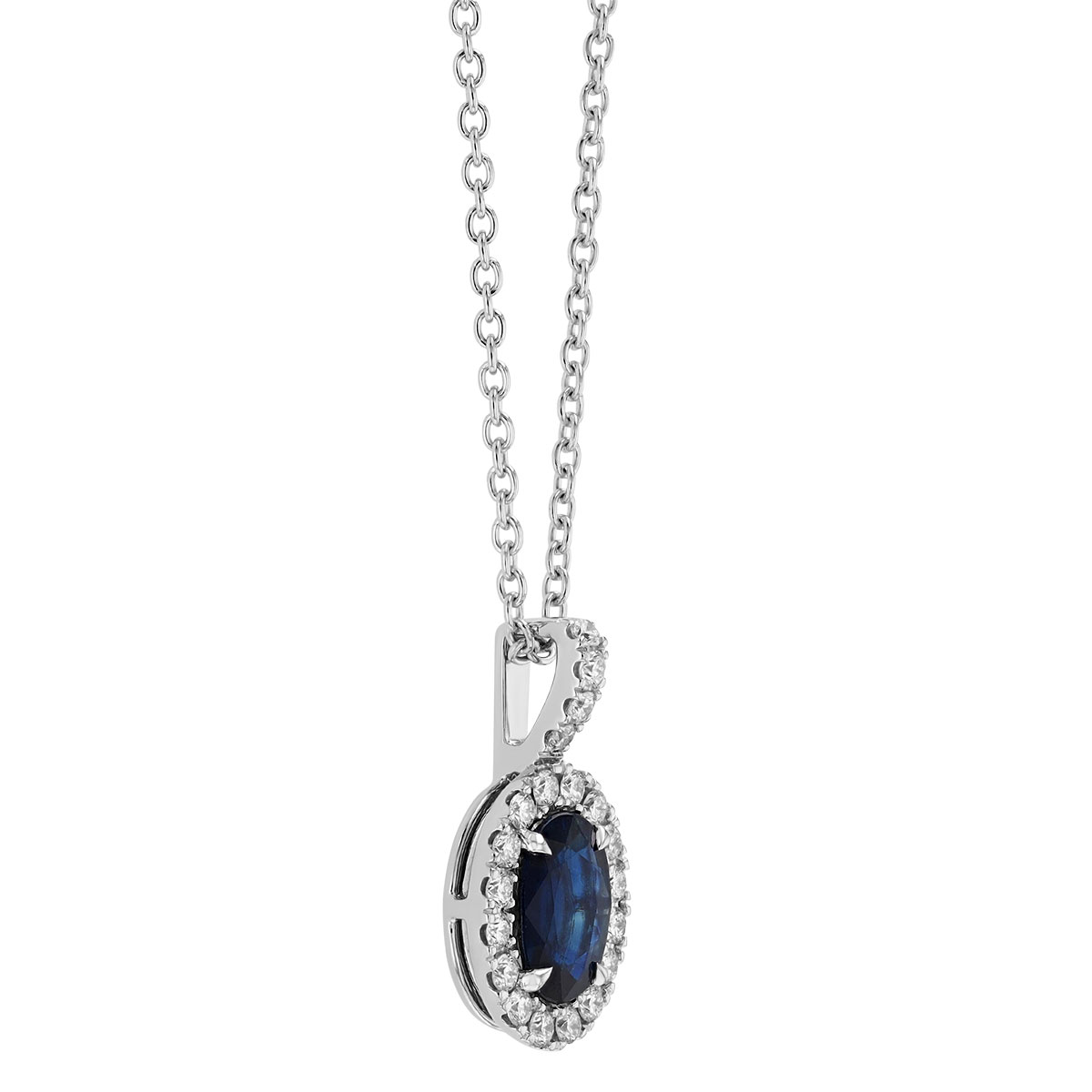 Oval Sapphire & Diamond Halo Pendant in White Gold, 17