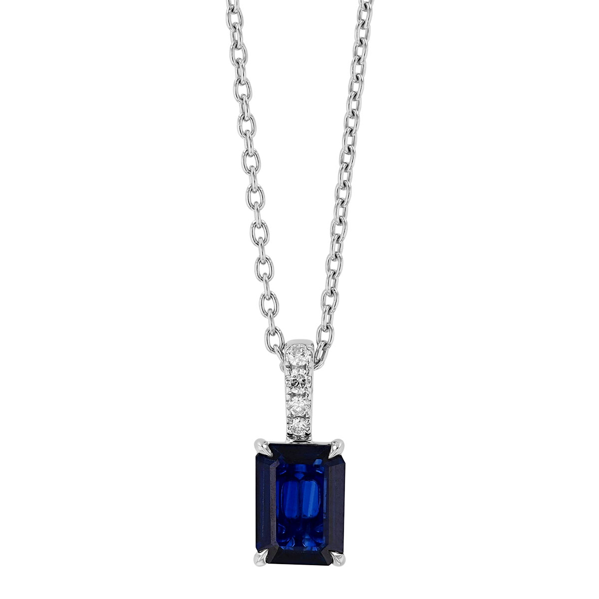 Emerald Cut Sapphire Pendant with Diamond Bail in White Gold, 17