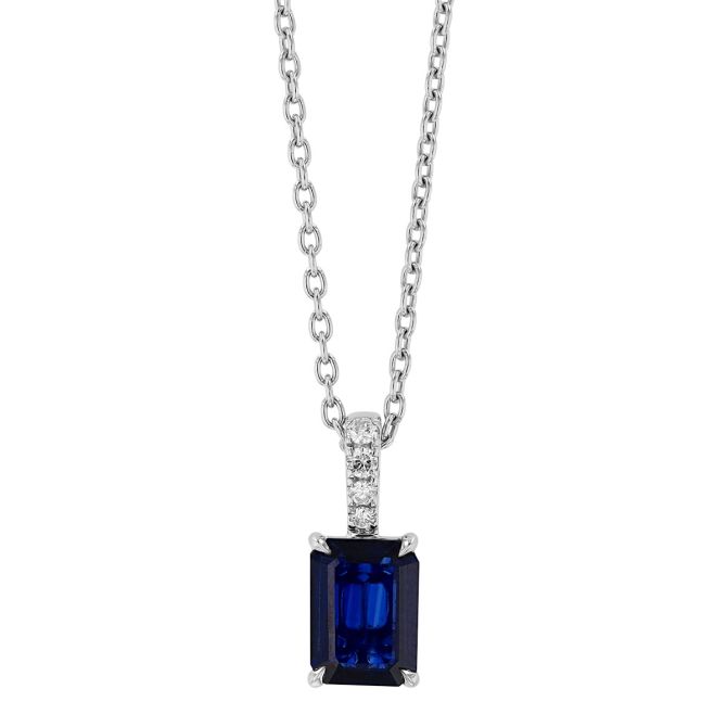 Emerald Cut Sapphire Pendant with Diamond Bail in White Gold, 17"