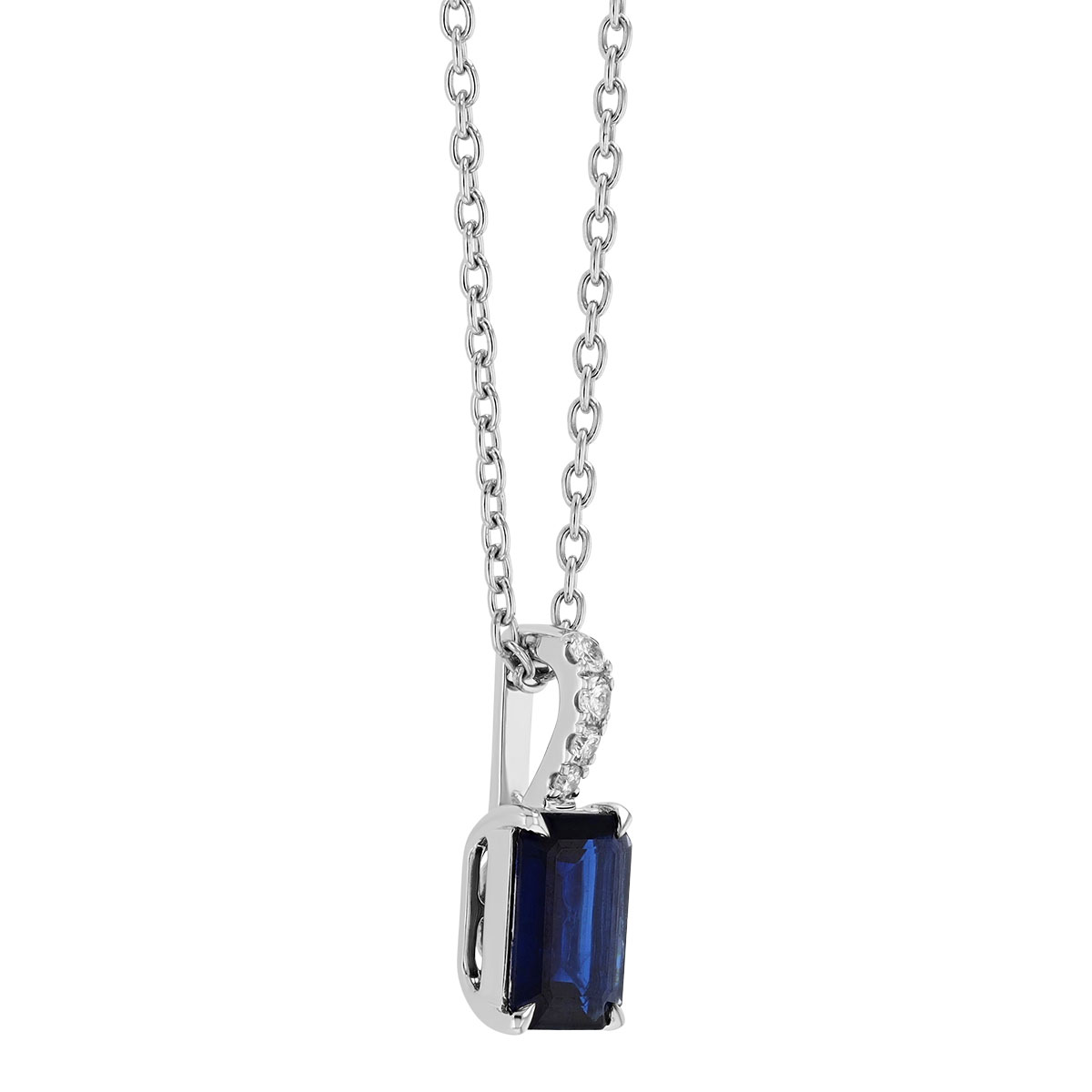 Emerald Cut Sapphire Pendant with Diamond Bail in White Gold, 17