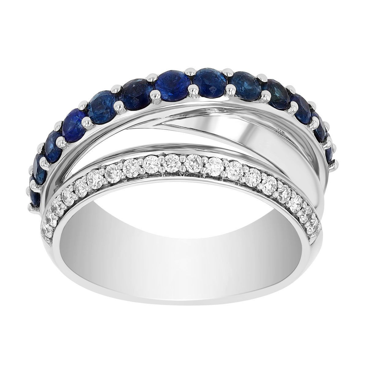 Sapphire & Diamond Criss-Cross 3 Row Ring in White Gold