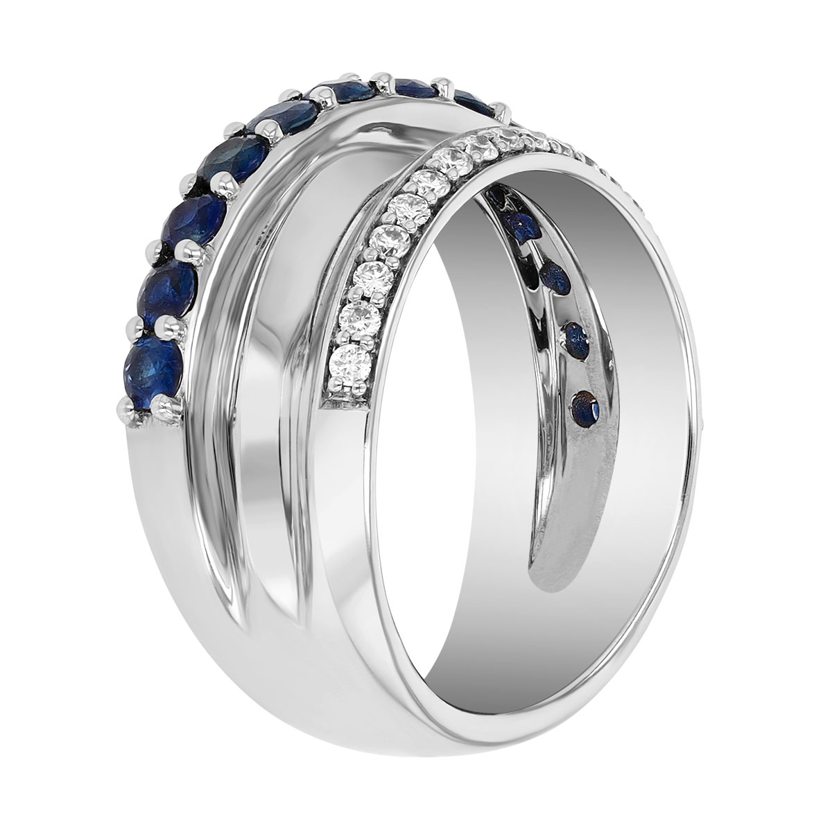 Sapphire & Diamond Criss-Cross 3 Row Ring in White Gold