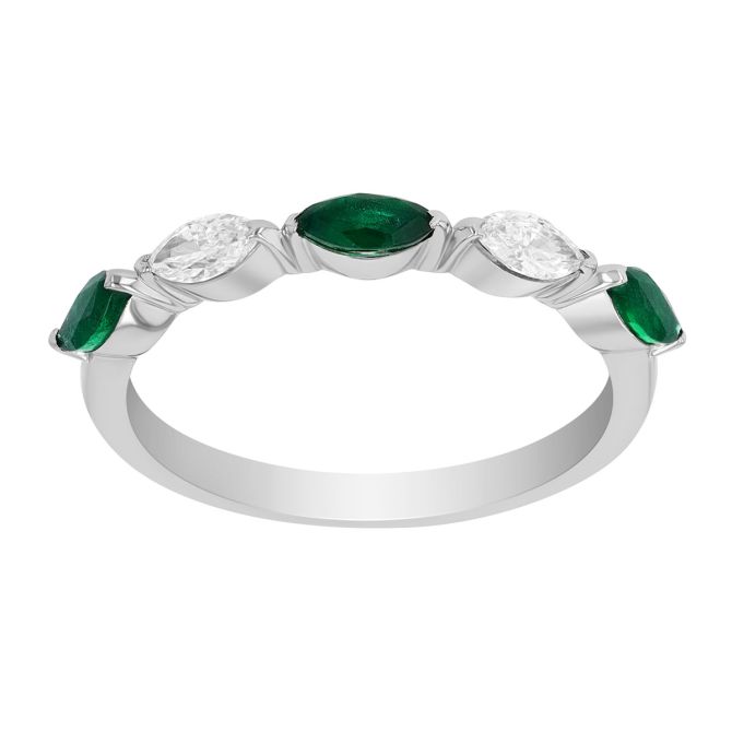 Marquise Emerald & Diamond Alternating Band Ring in White Gold