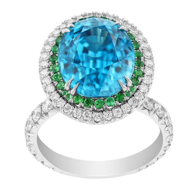 OMI Privé Oval Blue Zircon, Tsavorite and Diamond Halo Ring in Platinum