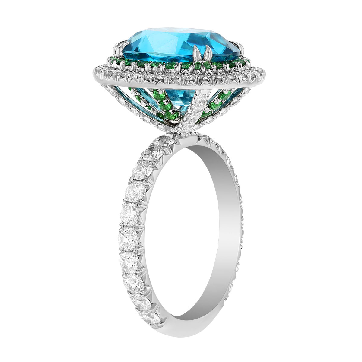 OMI Privé Oval Blue Zircon, Tsavorite and Diamond Halo Ring in Platinum