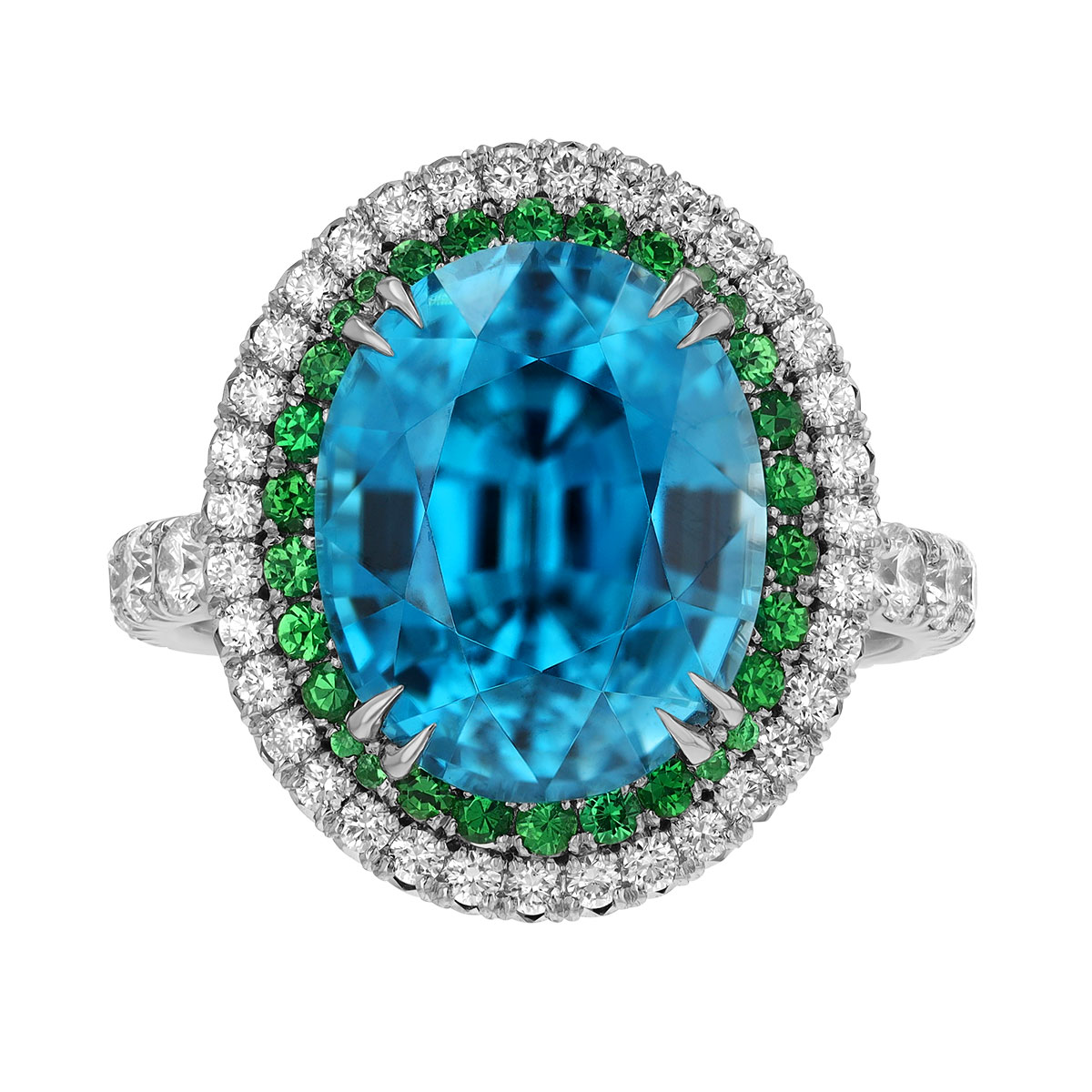 OMI Privé Oval Blue Zircon, Tsavorite and Diamond Halo Ring in Platinum