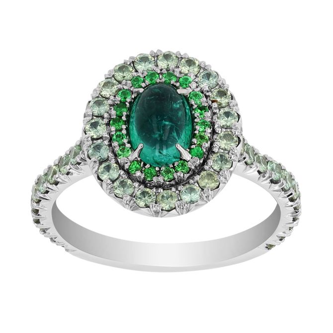 OMI Privé Paraiba Tourmaline Cabochon Ring with Tsavorite & Demantoid Garnet Halo in Platinum