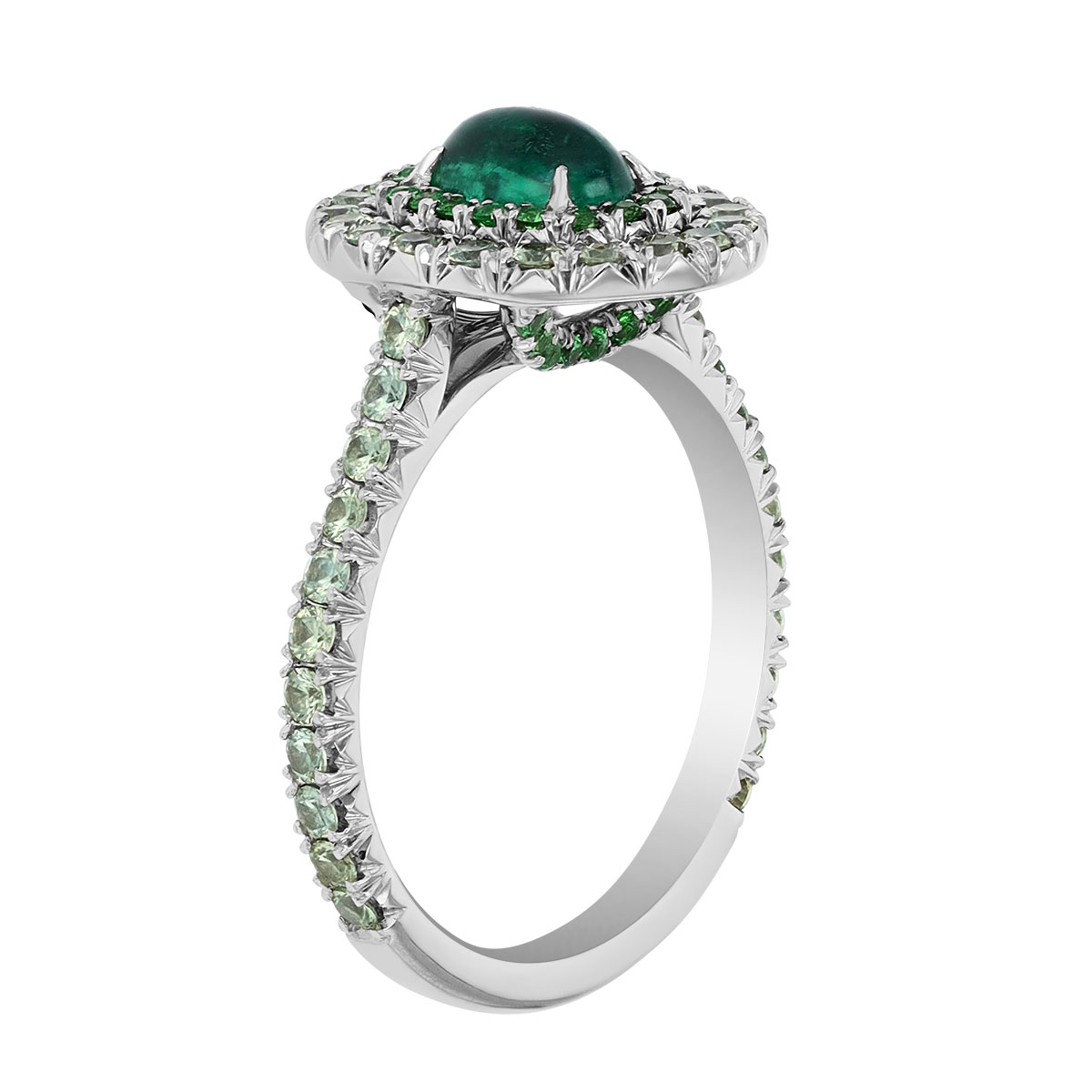 OMI Privé Paraiba Tourmaline Cabochon Ring with Tsavorite & Demantoid Garnet Halo in Platinum