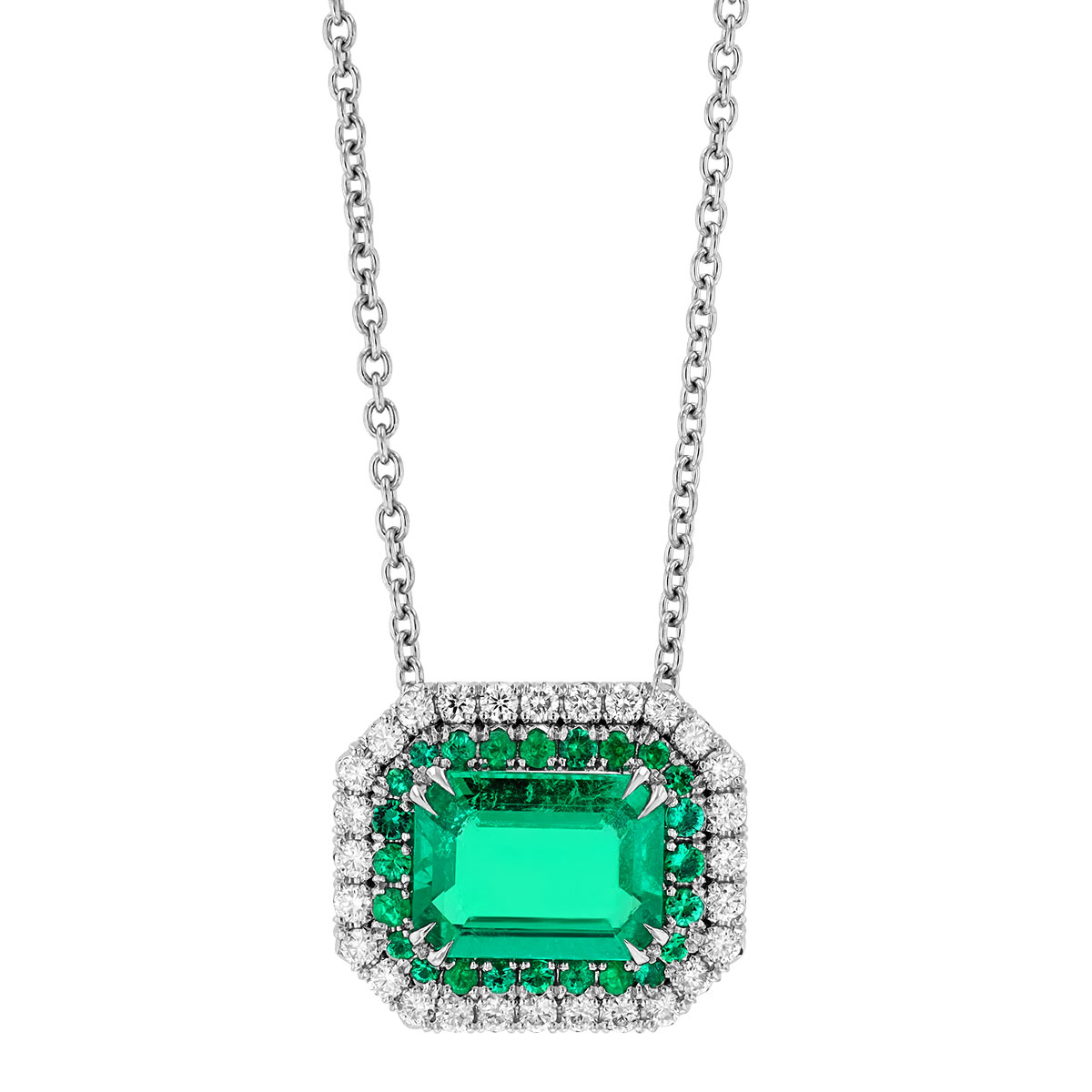 OMI Privé Emerald Cut Emerald & Diamond Double Halo Necklace in Platinum, 18