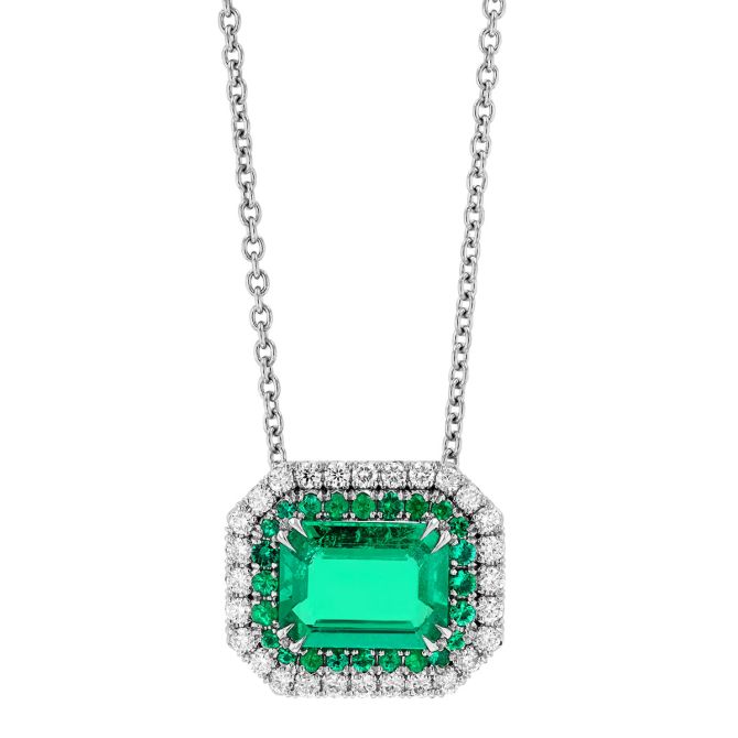 OMI Privé Emerald Cut Emerald & Diamond Double Halo Necklace in Platinum, 18"