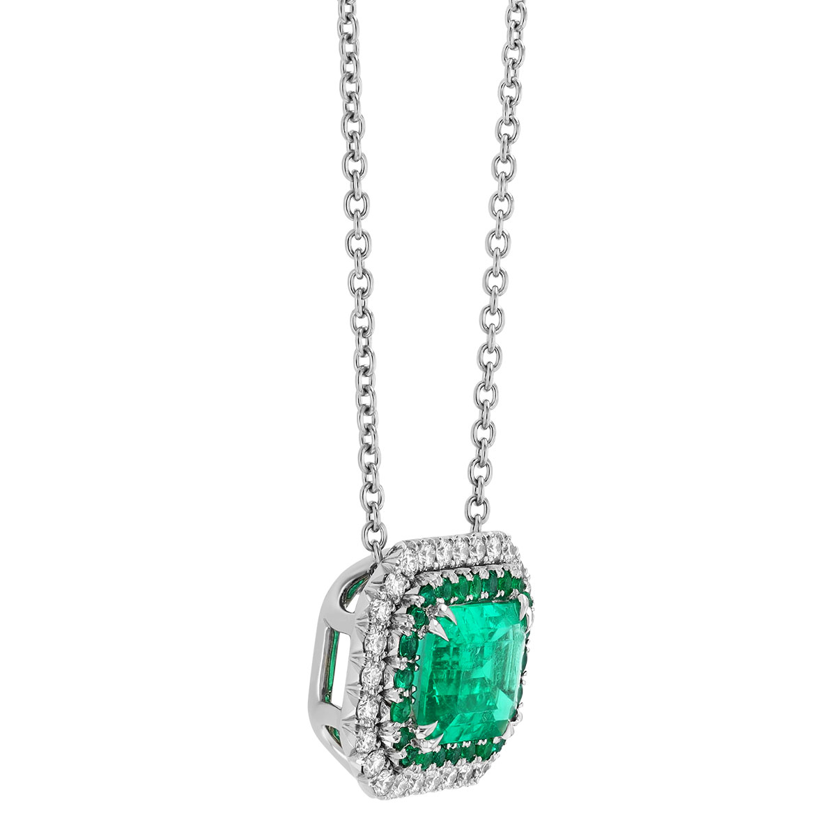 OMI Privé Emerald Cut Emerald & Diamond Double Halo Necklace in Platinum, 18