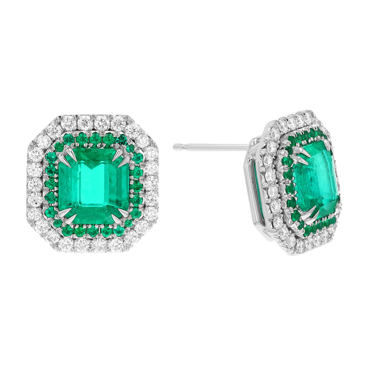 Omi Prive Emerald Cut Emerald & Diamond Halo Stud Earrings in Platinum