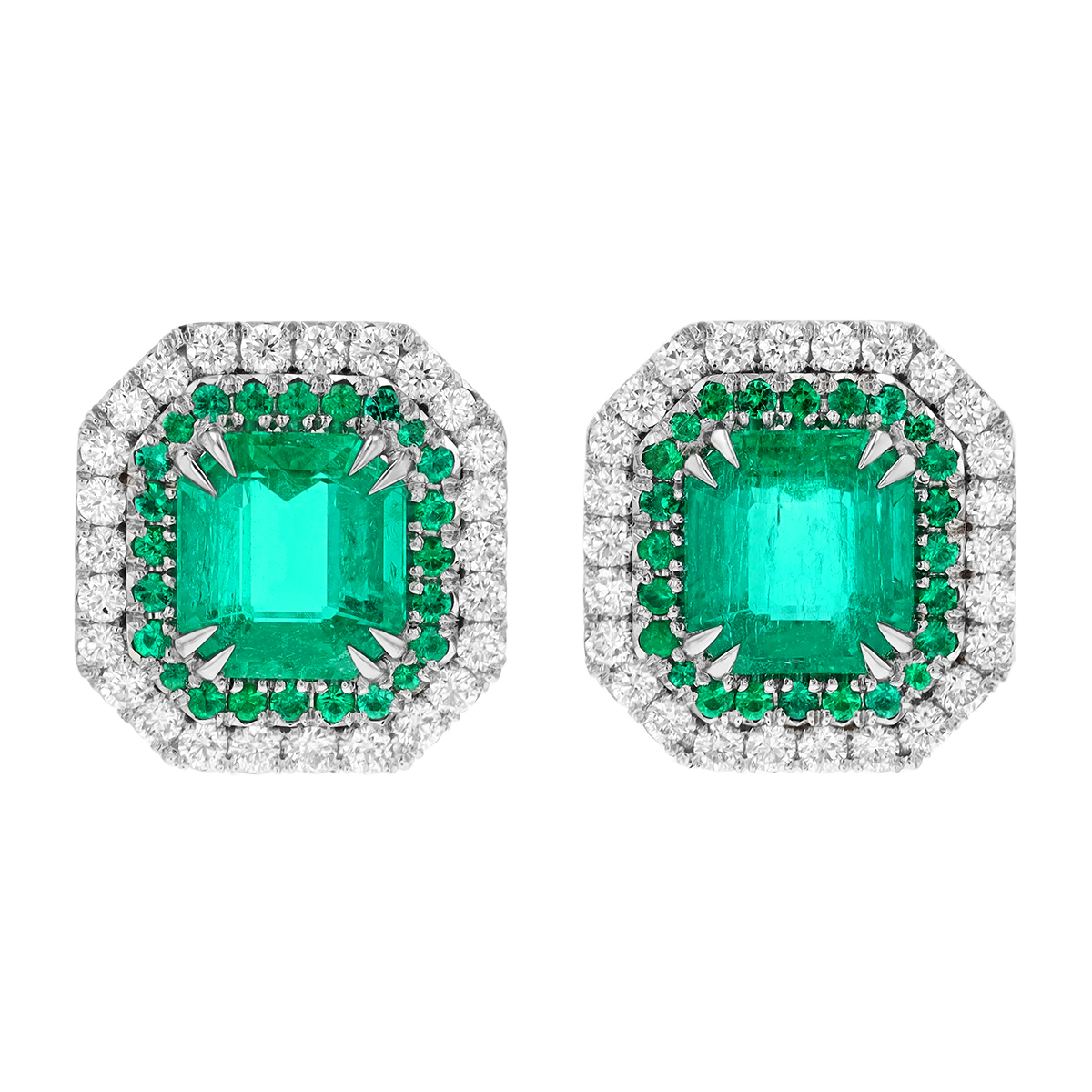 Omi Prive Emerald Cut Emerald & Diamond Halo Stud Earrings in Platinum