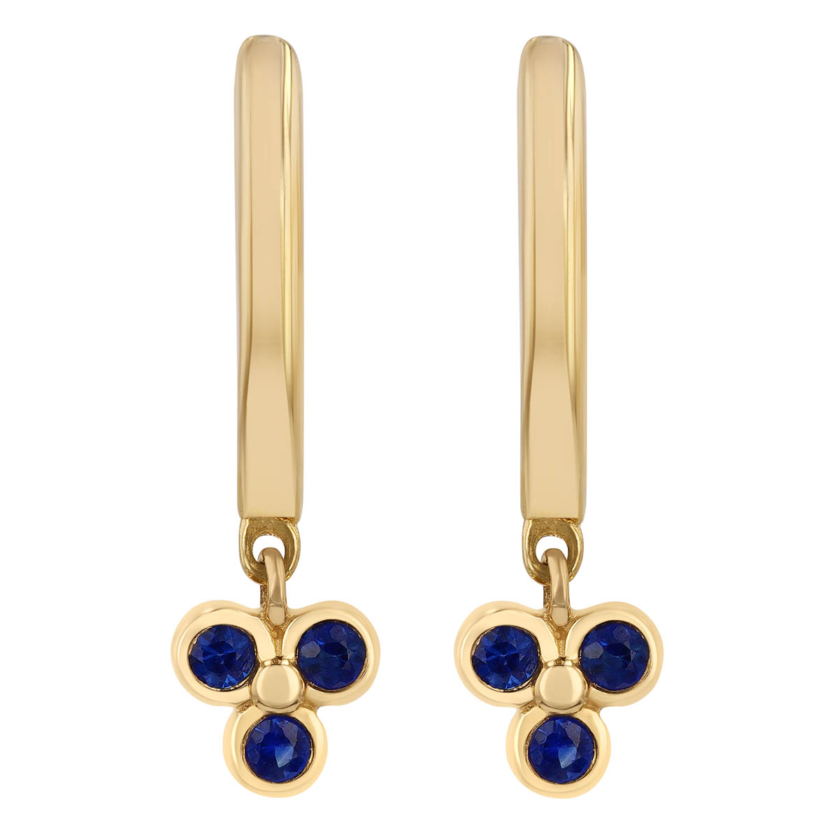 Bezel Set Sapphire Trio Dangle Hoop Earrings in Yellow Gold