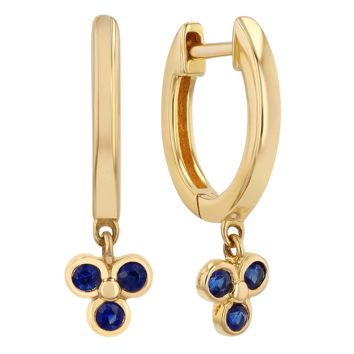 Bezel Set Sapphire Trio Dangle Hoop Earrings in Yellow Gold