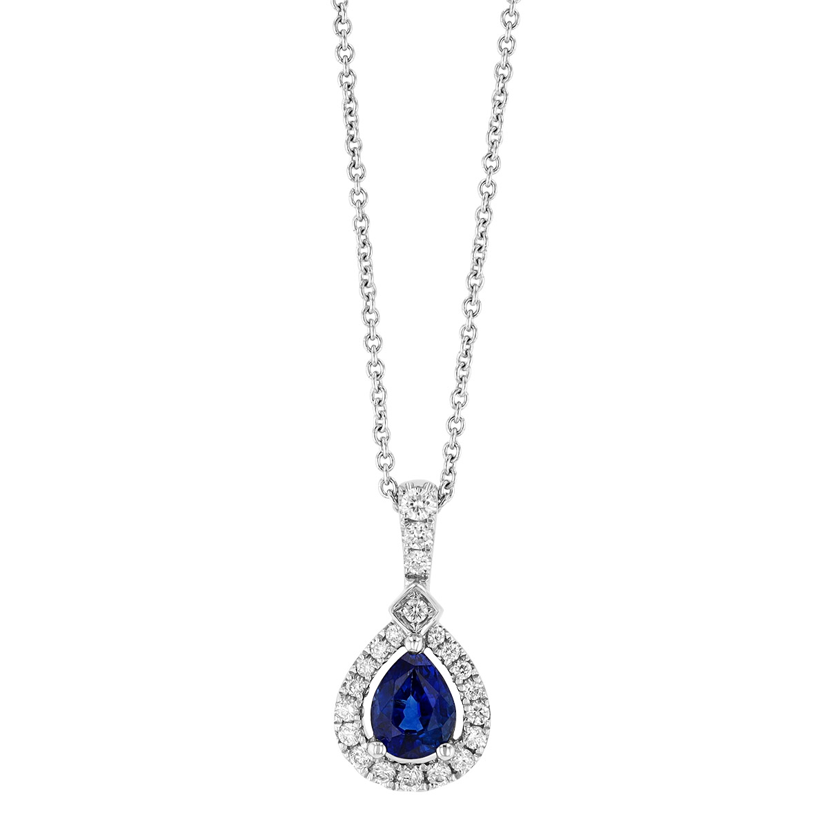Pear Shape Sapphire & Diamond Halo Pendant in White Gold, 18