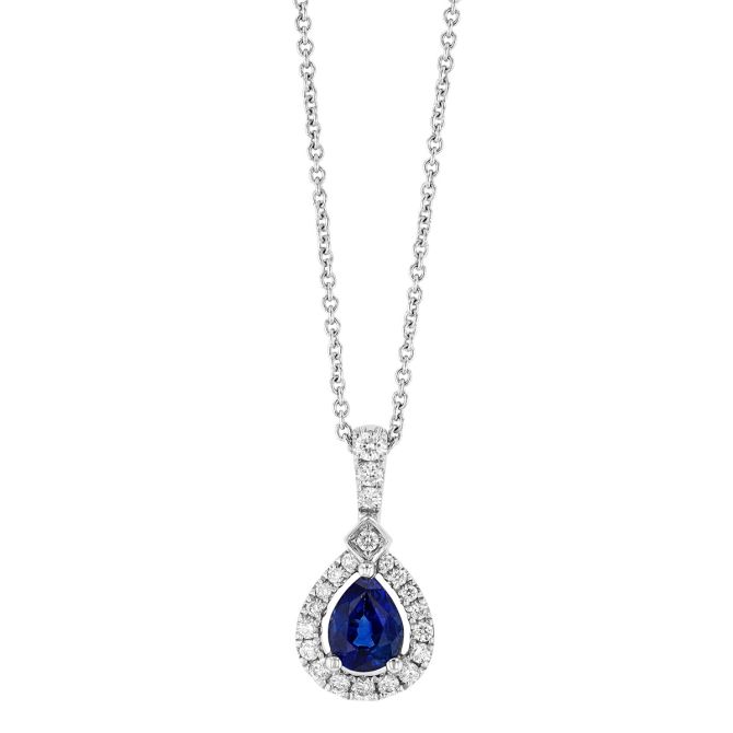 Pear Shape Sapphire & Diamond Halo Pendant in White Gold, 18"