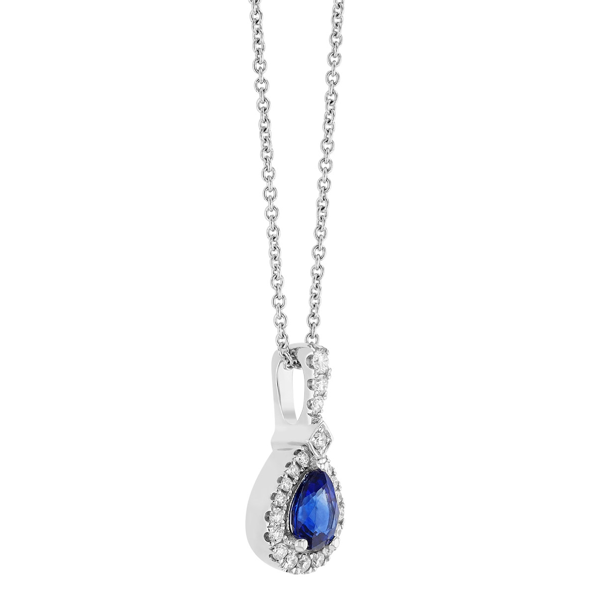 Pear Shape Sapphire & Diamond Halo Pendant in White Gold, 18