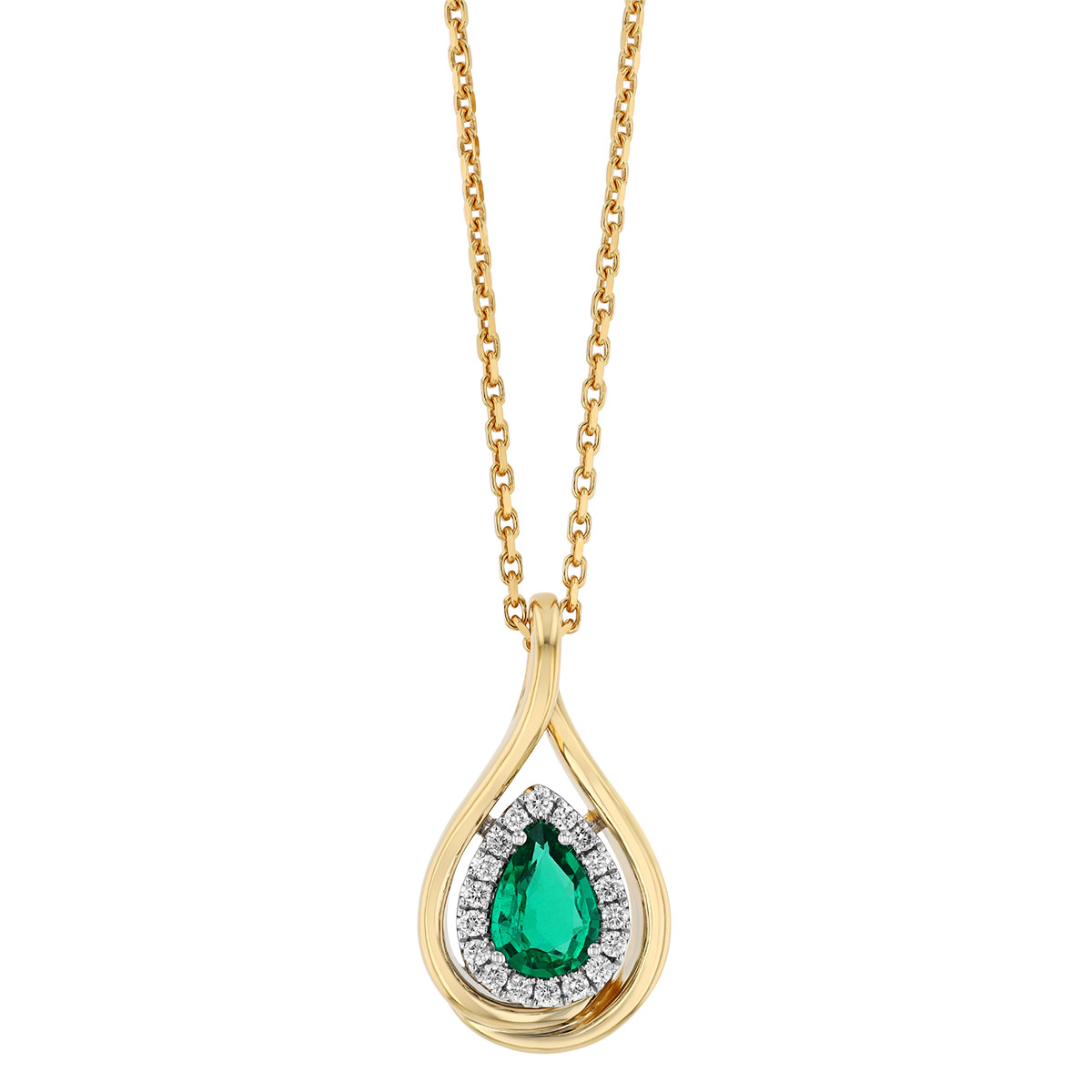 Pear Shape Emerald & Diamond Halo Pendant in Yellow & White Gold