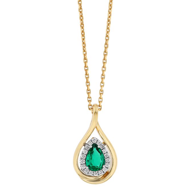 Pear Shape Emerald & Diamond Halo Pendant in Yellow & White Gold
