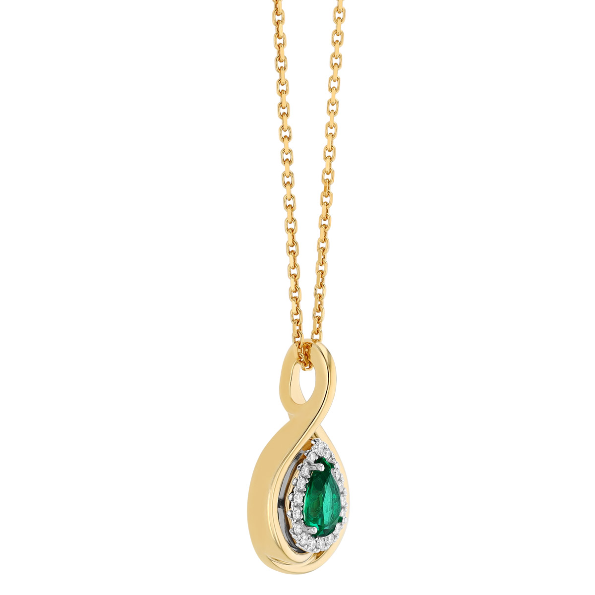 Pear Shape Emerald & Diamond Halo Pendant in Yellow & White Gold