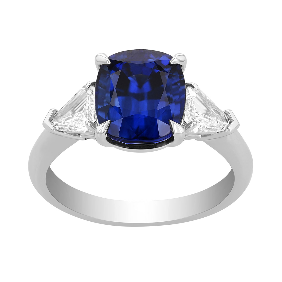 Cushion Cut Sapphire & Trillion Diamond 3 Stone Ring in Platinum
