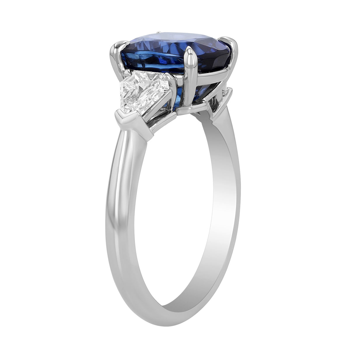 Cushion Cut Sapphire & Trillion Diamond 3 Stone Ring in Platinum
