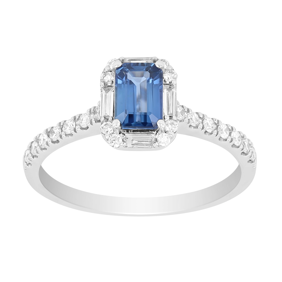 Emerald Cut Sapphire & Diamond Ring in White Gold