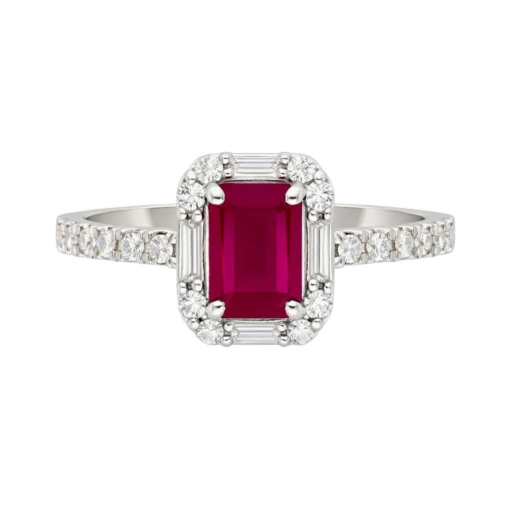 Emerald Cut Ruby & Diamond Halo Ring in White Gold