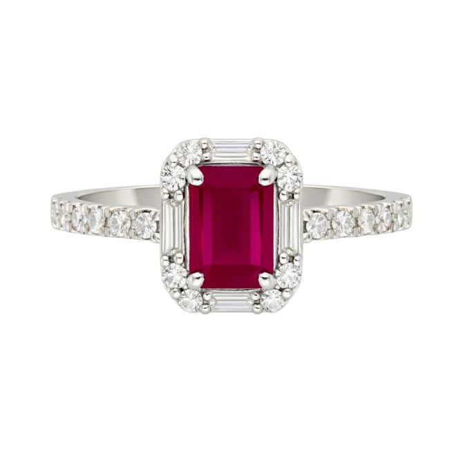 Emerald Cut Ruby & Diamond Halo Ring in White Gold