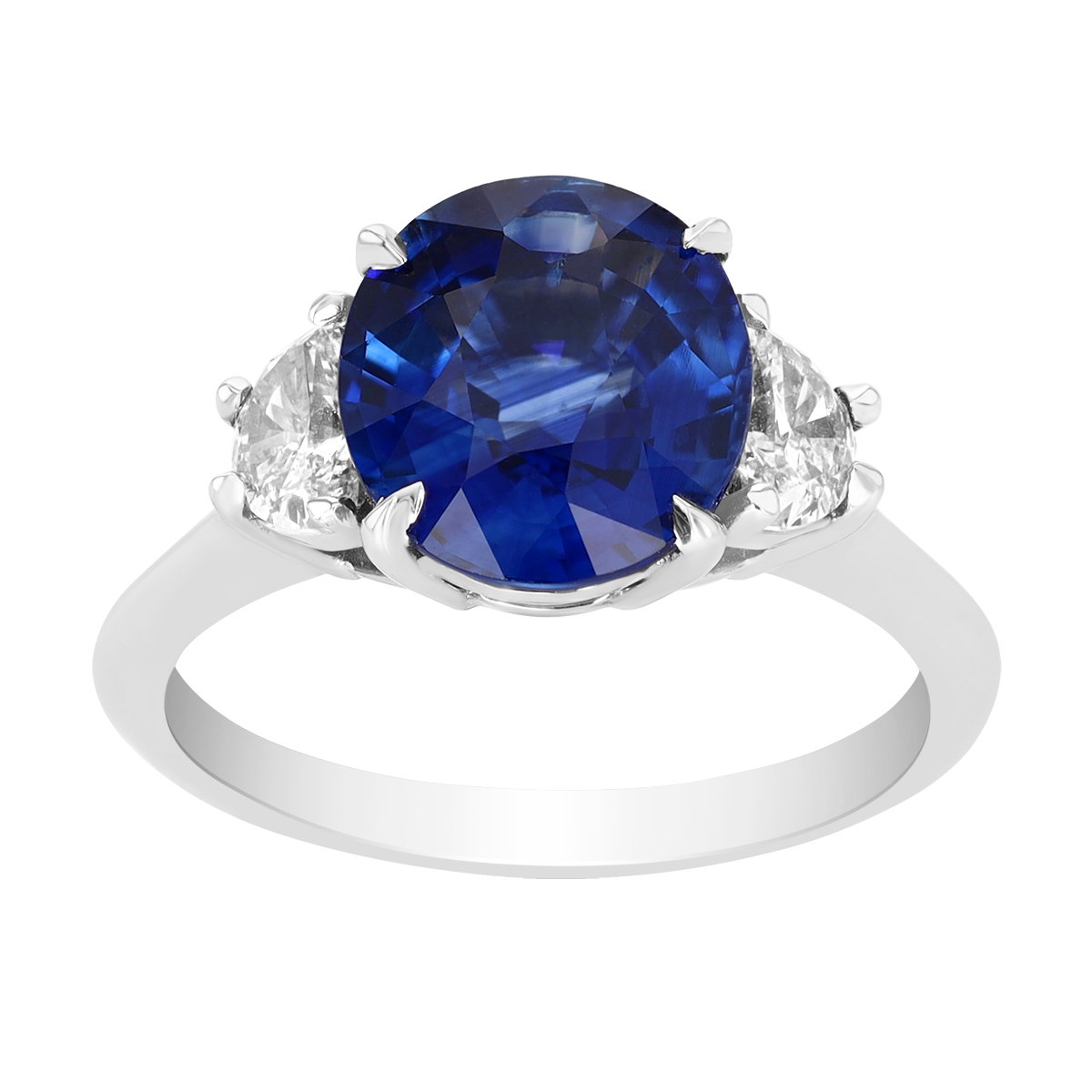 Round Sapphire & Trapezoid Diamond 3 Stone Ring in Platinum