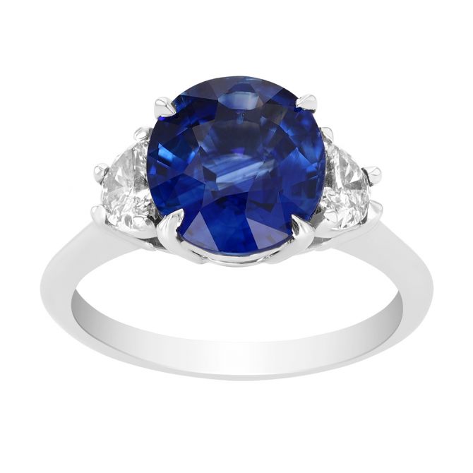 Round Sapphire & Trapezoid Diamond 3 Stone Ring in Platinum