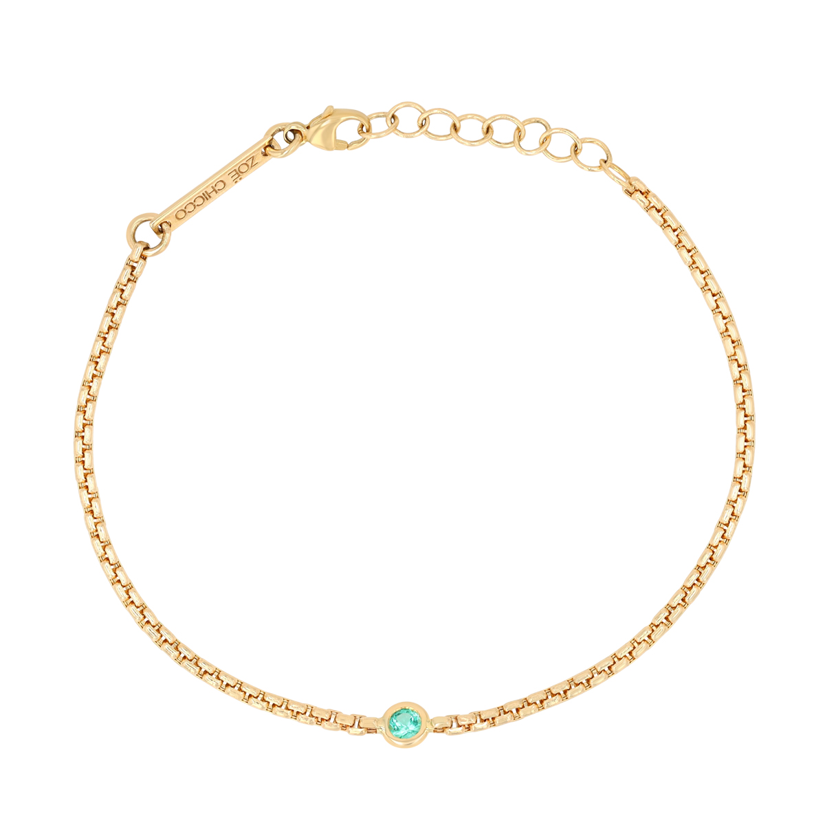 Zoe Chicco Emerald Soliatire Box Chain Bracelet in Yellow Gold, 7