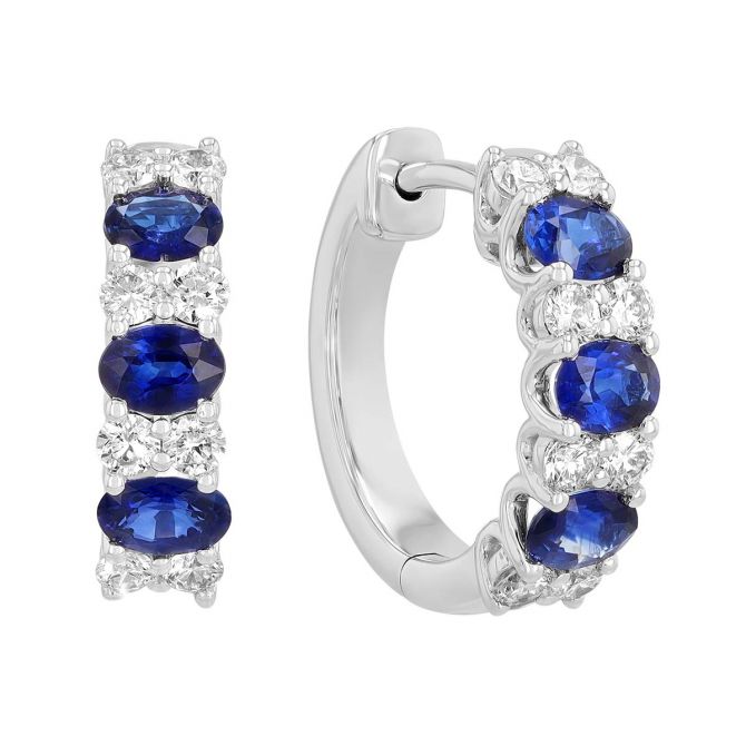 Oval Sapphire & Round Dimond Hoop Earrings in White Gold