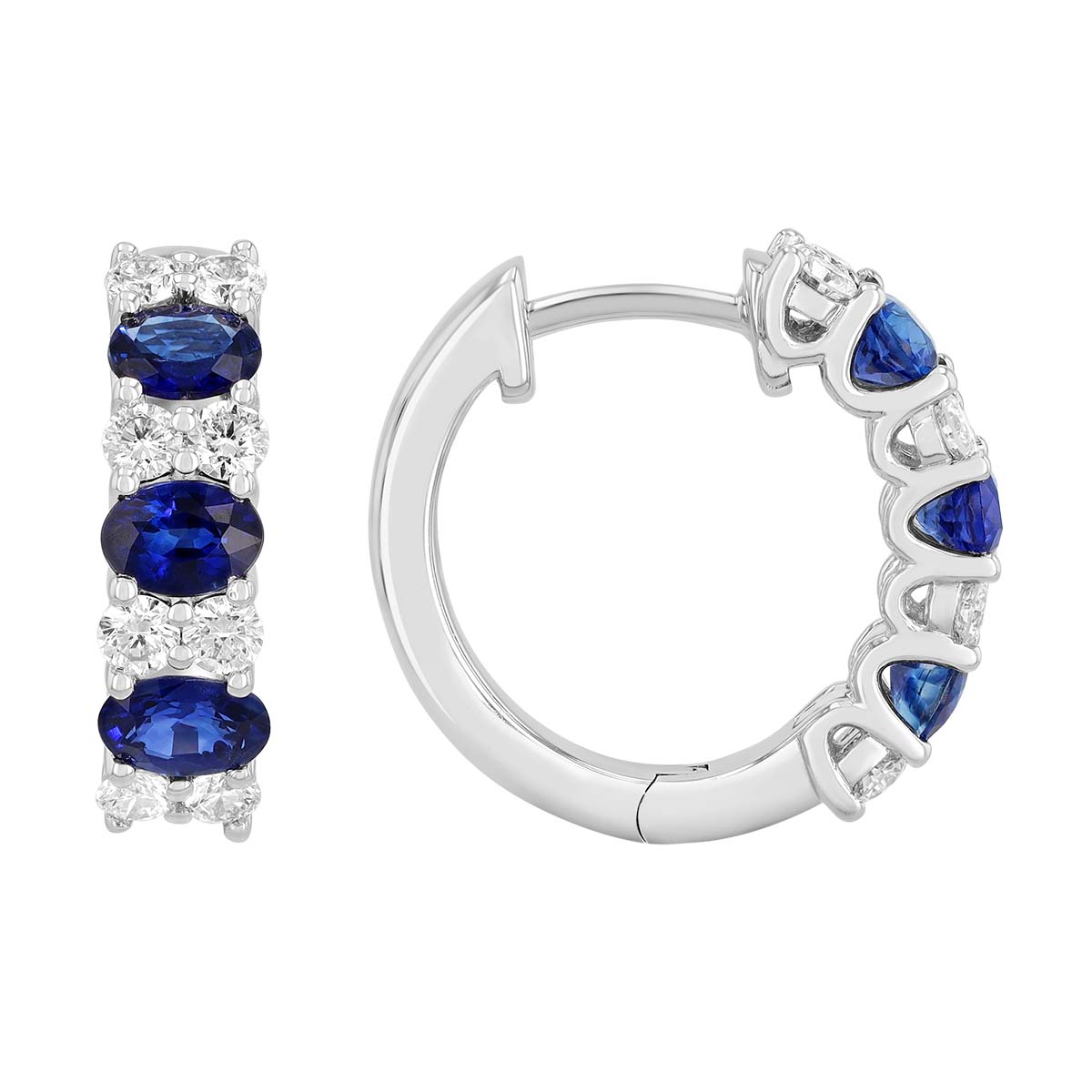 Oval Sapphire & Round Dimond Hoop Earrings in White Gold