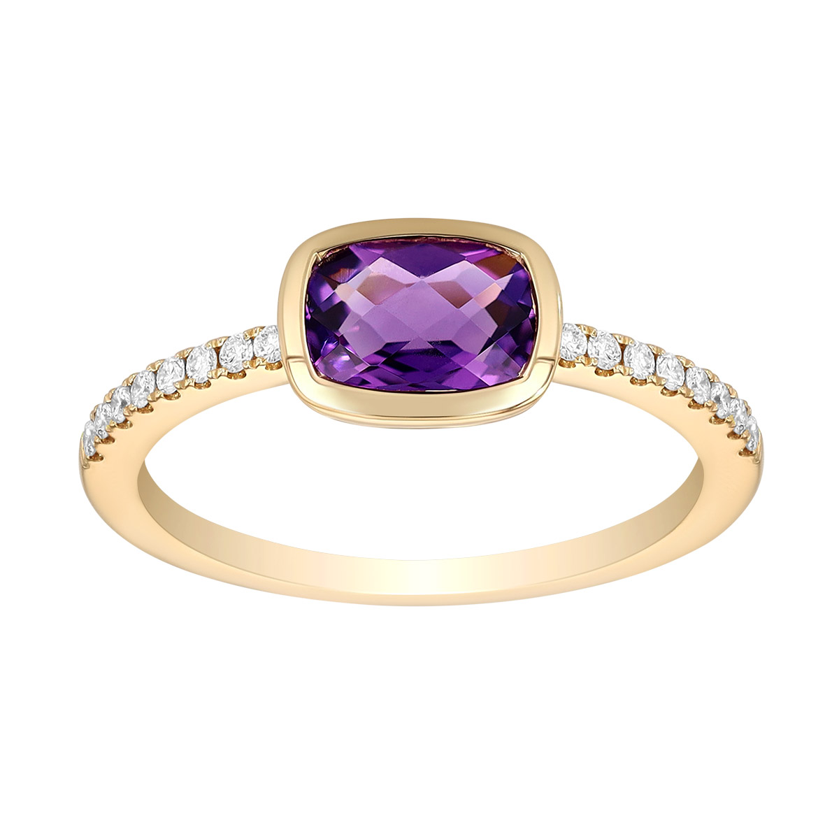 Bezel Set Cushion Amethyst & Diamond Ring in Yellow Gold