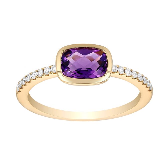 Bezel Set Cushion Amethyst & Diamond Ring in Yellow Gold