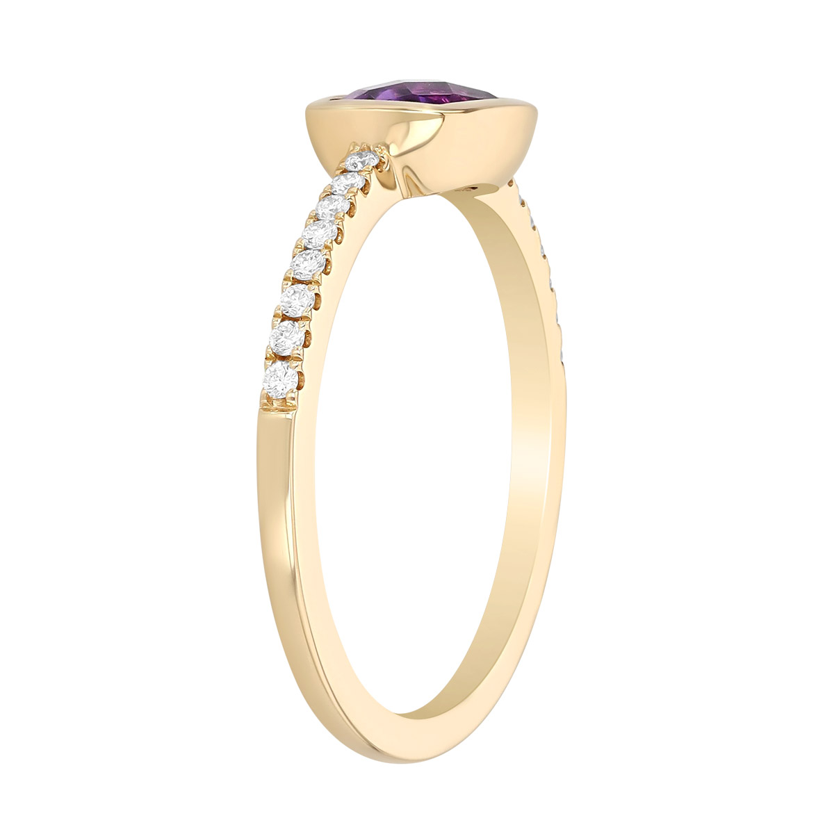 Bezel Set Cushion Amethyst & Diamond Ring in Yellow Gold