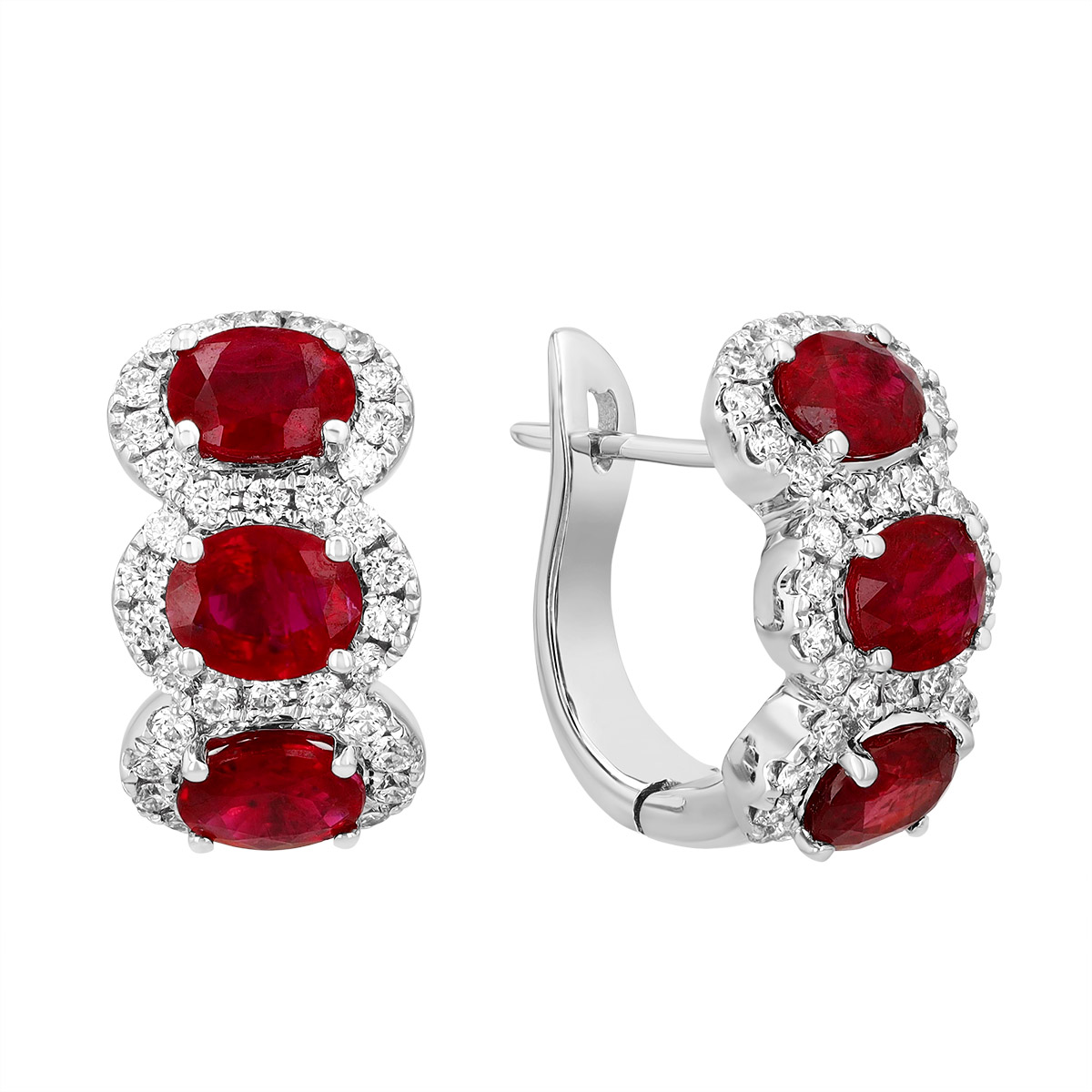 Oval Ruby & Diamond Halo Trio Hoop Earrings in White Gold