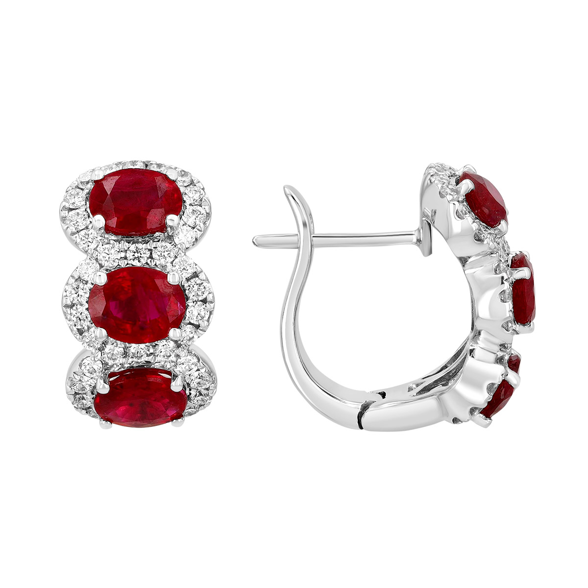 Oval Ruby & Diamond Halo Trio Hoop Earrings in White Gold