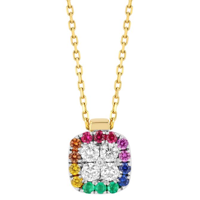 Frederic Sage Firenze Diamond Cluster & Multicolored Gemstone Halo Square Pendant in Two Tone