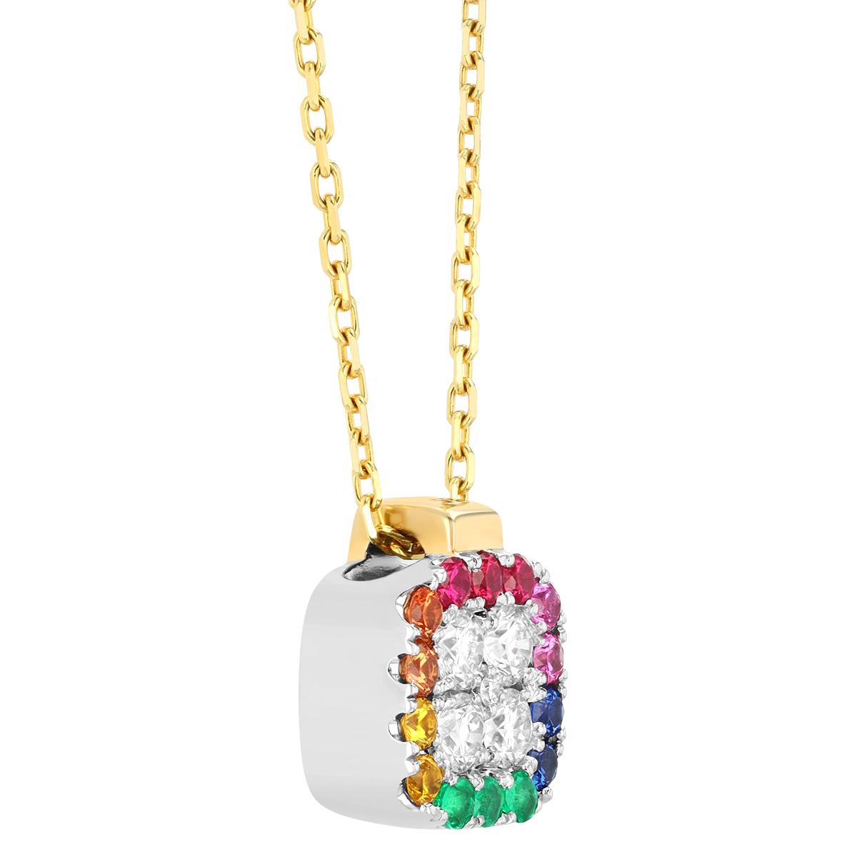 Frederic Sage Firenze Diamond Cluster & Multicolored Gemstone Halo Square Pendant in Two Tone